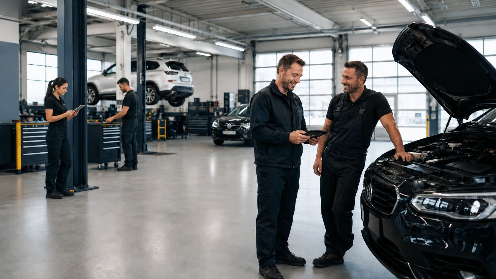 Zwei Kfz-Mechaniker von Havelland Automobile besprechen an einem geöffneten Fahrzeug den nächsten Arbeitsschritt